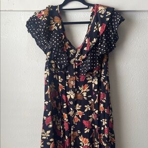 Vintage Sugar Shack floral polka dot wide leg button flutter sleeve jumpsuit